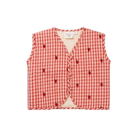 Floess Girls' Quilted Gingham Vest with Strawberry Embroidery