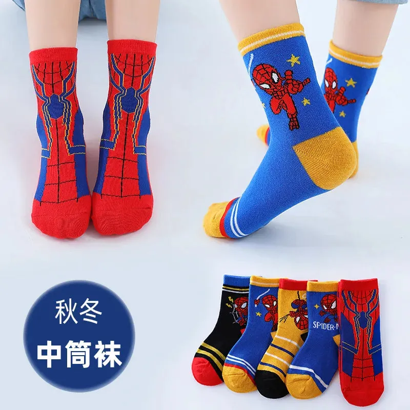 5 Pairs/Lot Disney Cartoon Marvel Spiderman Baby Autumn Winter New Cotton Socks Warm Mid-calf Socks for Boys 1-12 Years