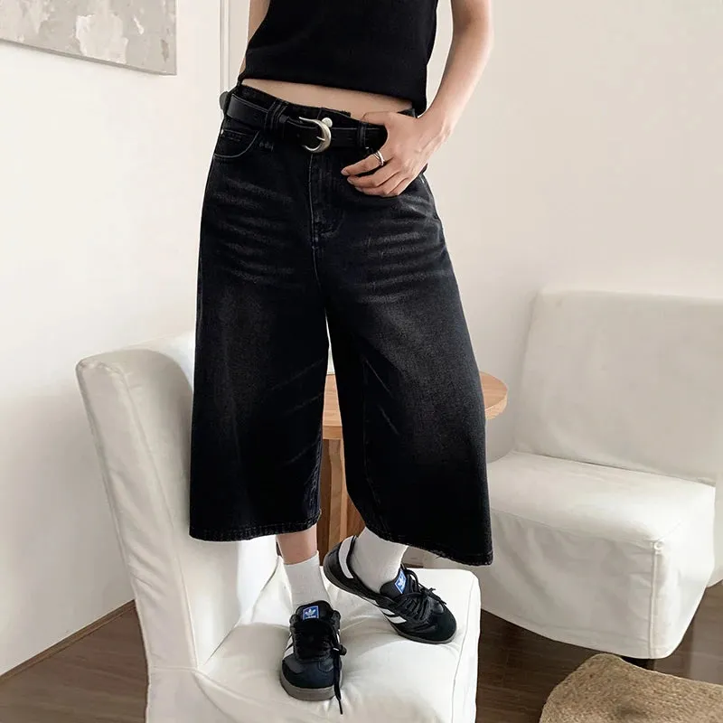 Advbridge  Women Black Y2k Style Baggy Denim Shorts Wide Leg Short Pants Fashion High Waisted Dark Wash Knee Length Jeans Female Casual