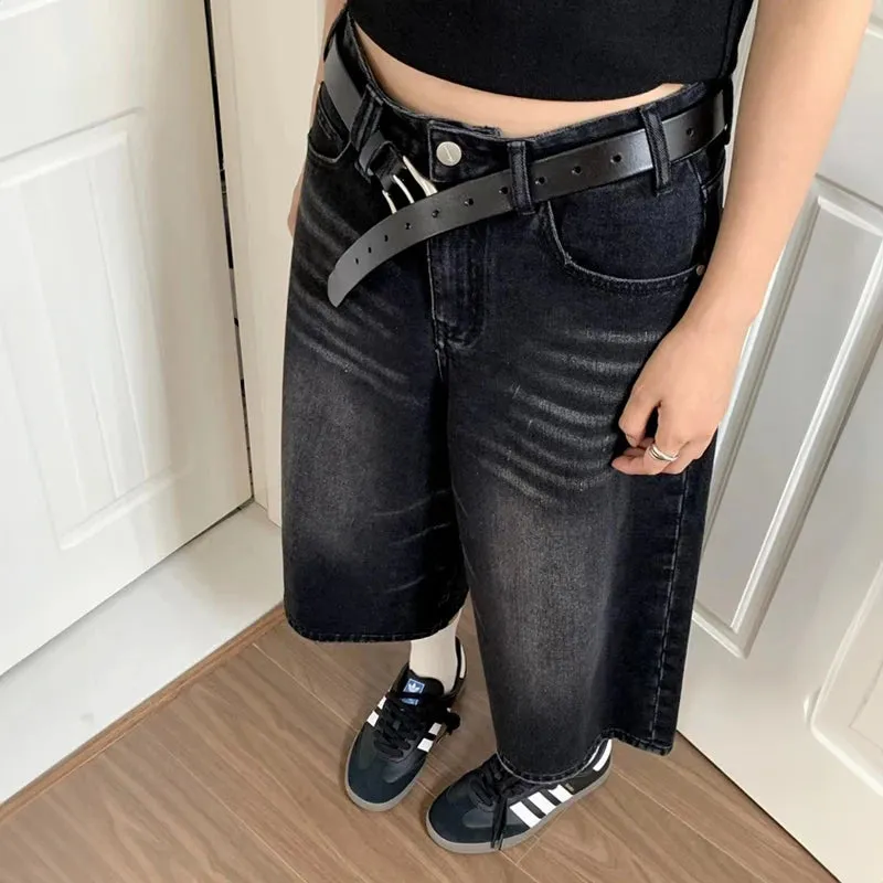 Advbridge  Women Black Y2k Style Baggy Denim Shorts Wide Leg Short Pants Fashion High Waisted Dark Wash Knee Length Jeans Female Casual