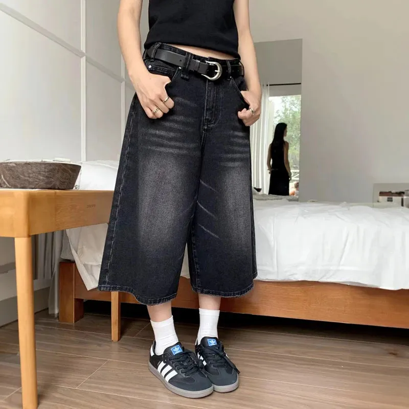 Advbridge  Women Black Y2k Style Baggy Denim Shorts Wide Leg Short Pants Fashion High Waisted Dark Wash Knee Length Jeans Female Casual