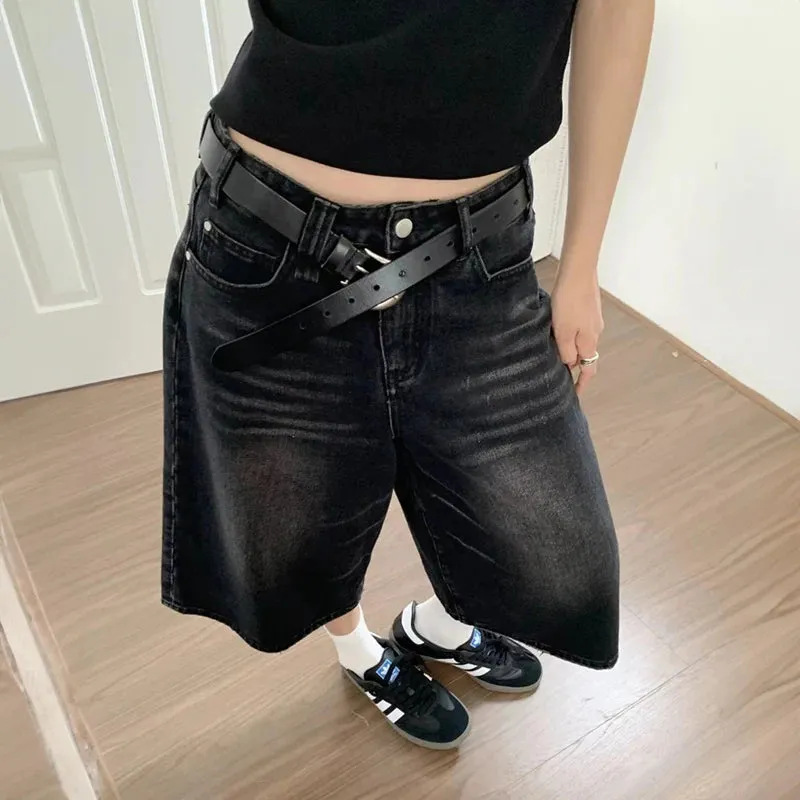 Advbridge  Women Black Y2k Style Baggy Denim Shorts Wide Leg Short Pants Fashion High Waisted Dark Wash Knee Length Jeans Female Casual