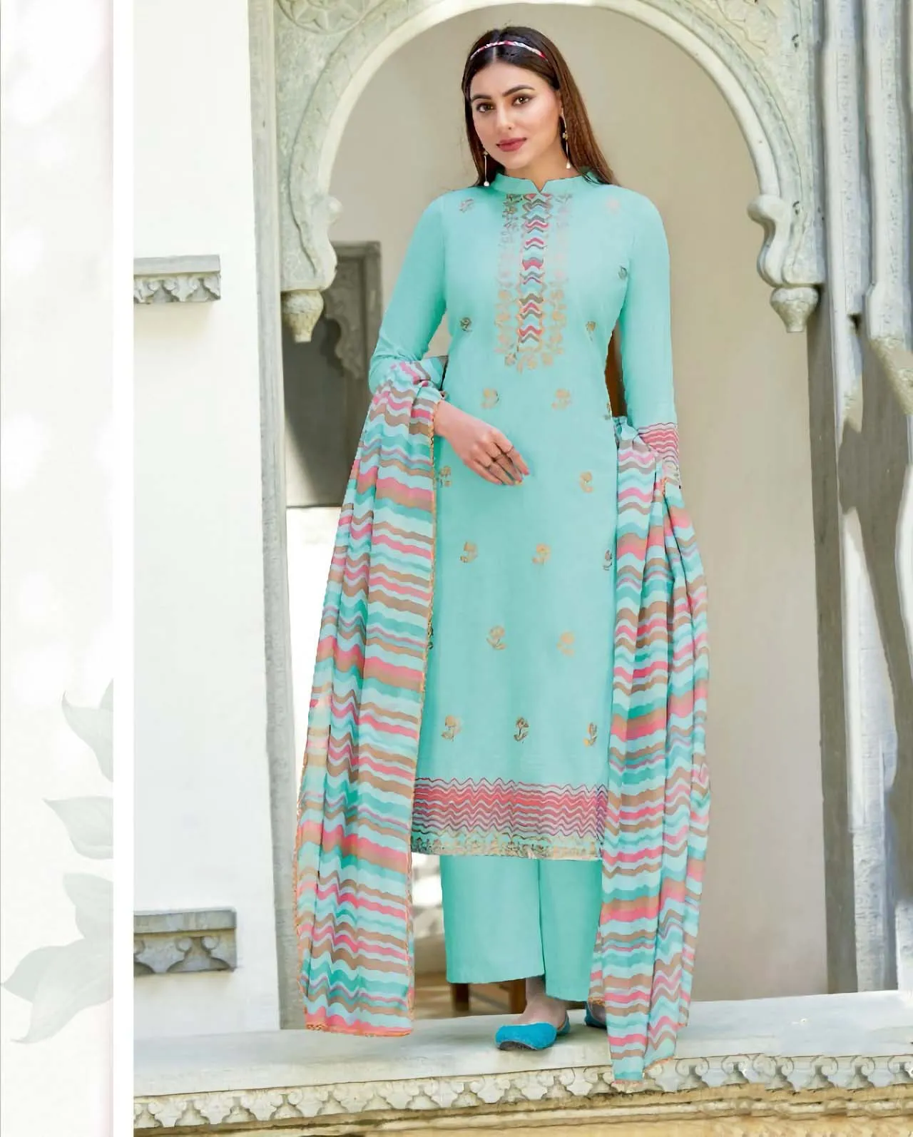 Alok Karachi Blue Unstitched Cotton Salwar Suits Dress Material