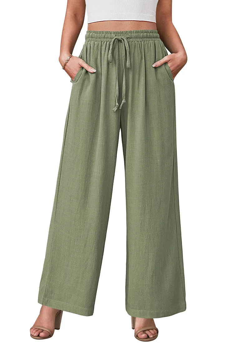 Army Green Relaxed Fit High Waisted Elastic Waist Wide Leg Drawstring Pocket Pant