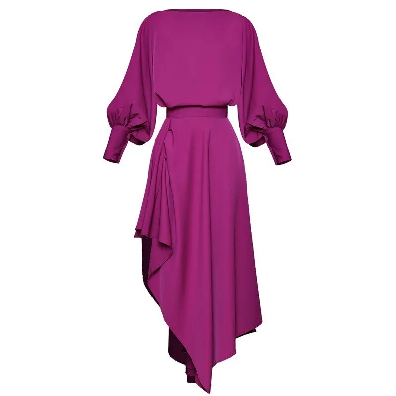 Asymmetrical Slash Neck Lantern Sleeve Maxi Dress