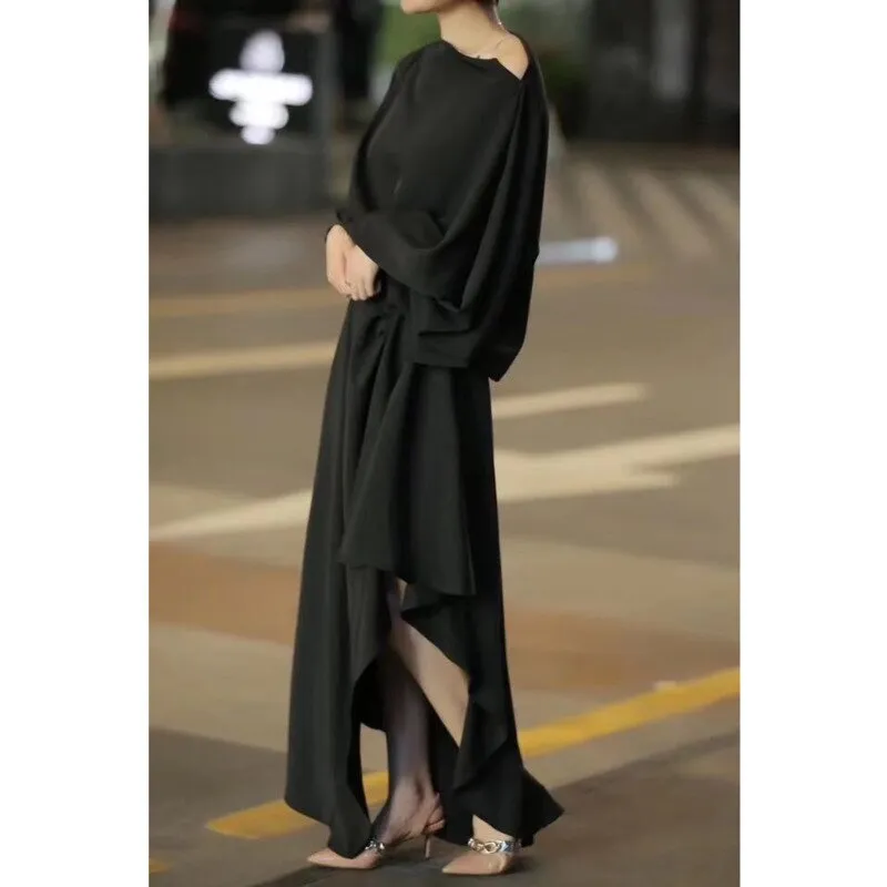 Asymmetrical Slash Neck Lantern Sleeve Maxi Dress