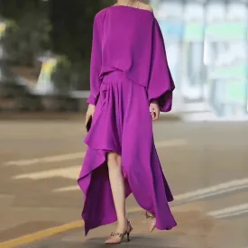 Asymmetrical Slash Neck Lantern Sleeve Maxi Dress