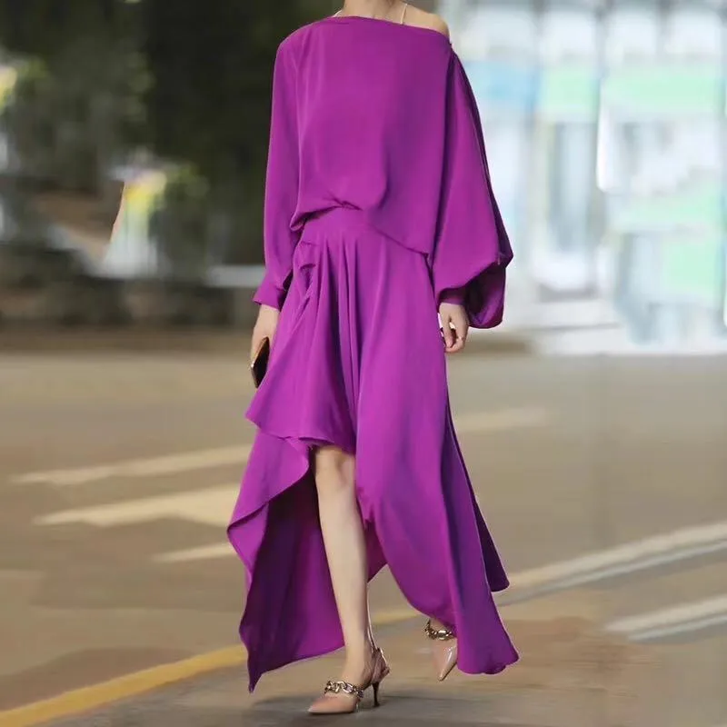 Asymmetrical Slash Neck Lantern Sleeve Maxi Dress