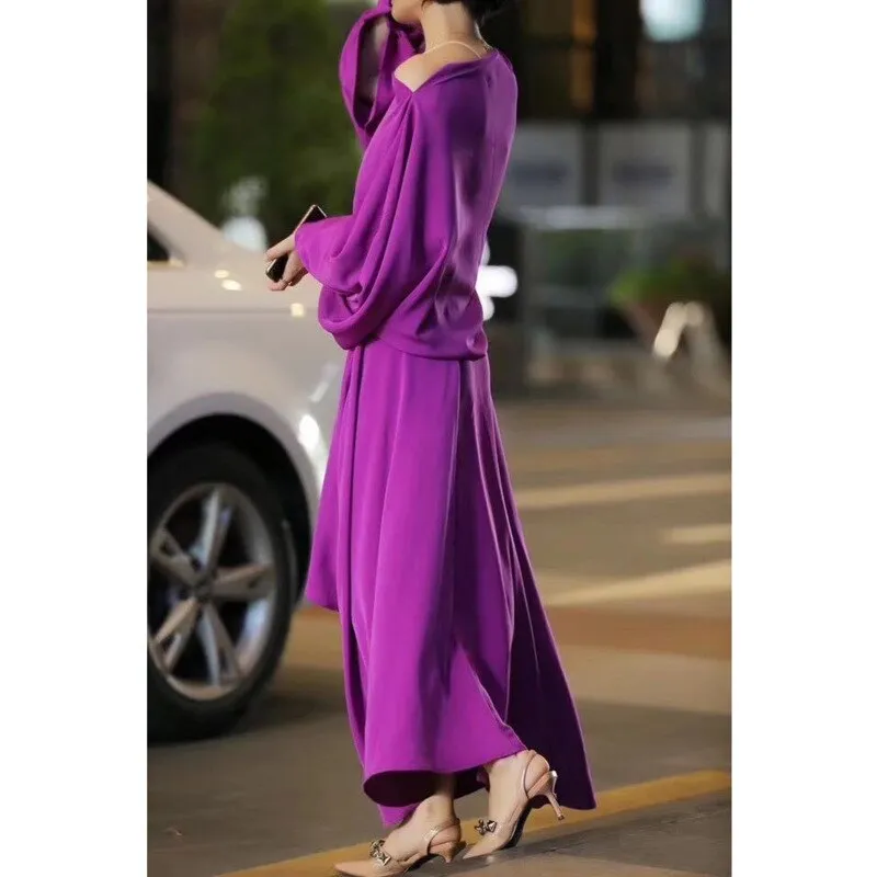 Asymmetrical Slash Neck Lantern Sleeve Maxi Dress