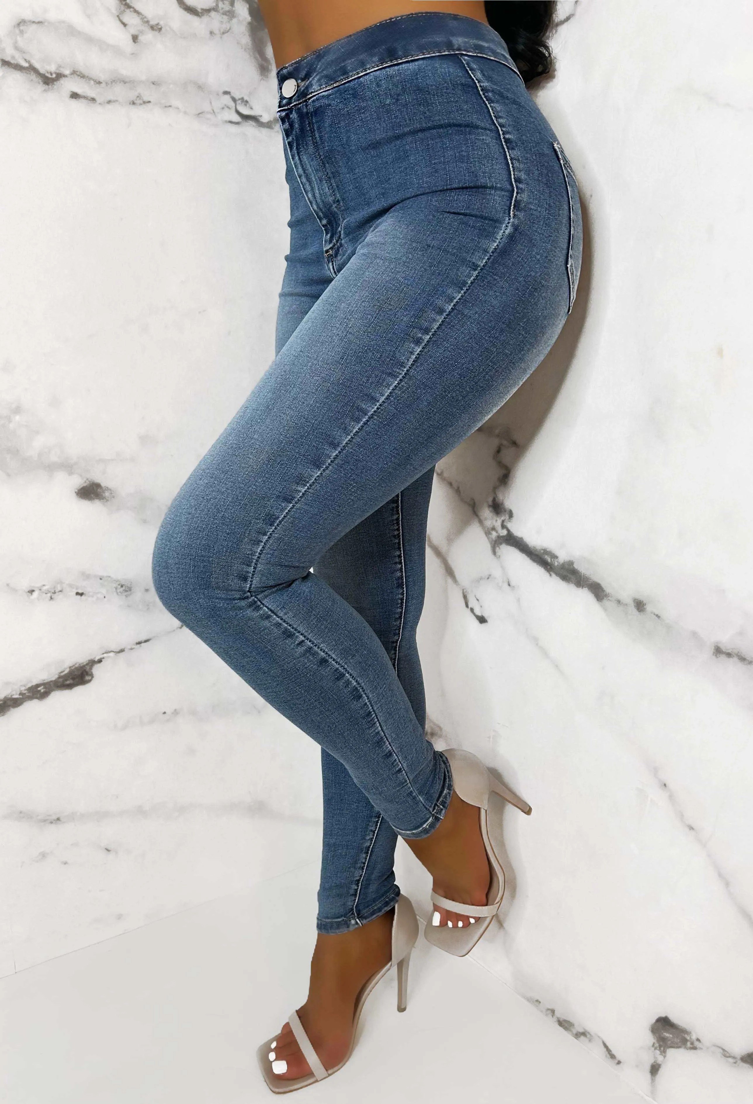 Authentic Chic Mid Blue Stretch Skinny Plain Front Jeans