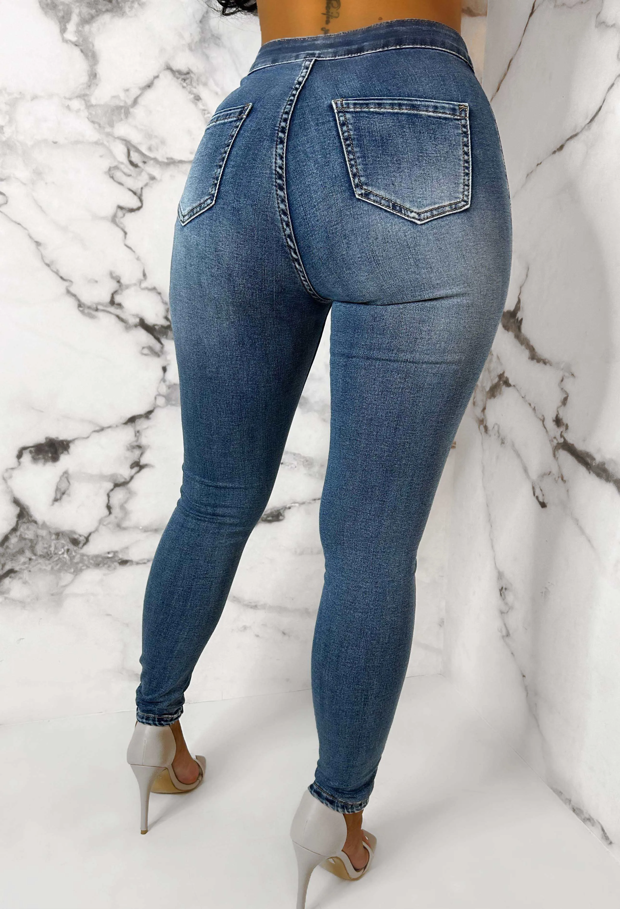 Authentic Chic Mid Blue Stretch Skinny Plain Front Jeans