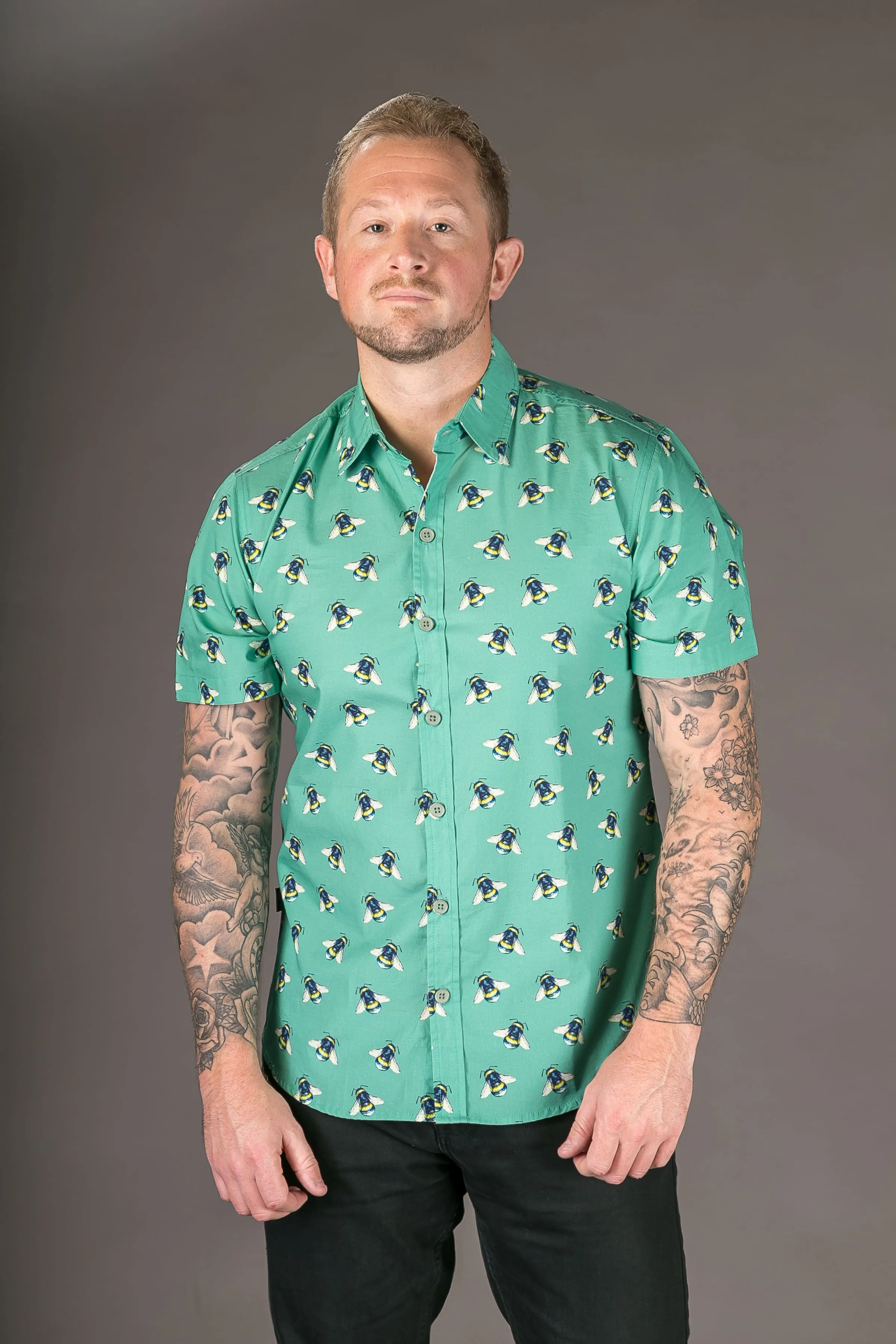 Bees Print Cotton Slim and Regular Fit Mens Shirt Short Sleeve