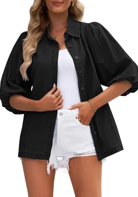 Black 2023 Denim Shirt Women Button Down Chambray Oversized Puff Sleeve Blouses Distressed Western Jean Tops