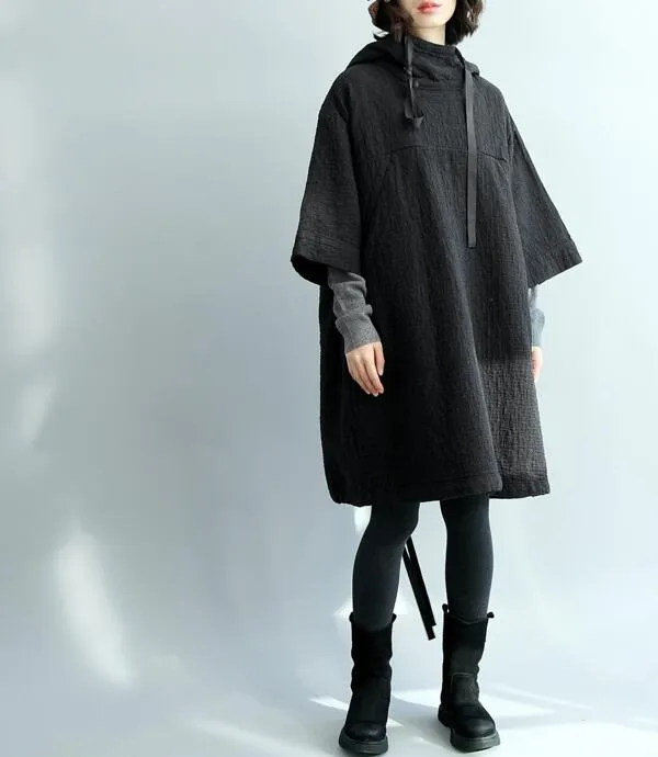 Black Loose Women Hooded Short Cotton Linen Sleeve Spring Dresses