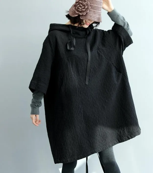 Black Loose Women Hooded Short Cotton Linen Sleeve Spring Dresses