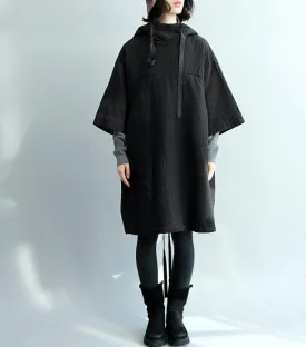 Black Loose Women Hooded Short Cotton Linen Sleeve Spring Dresses