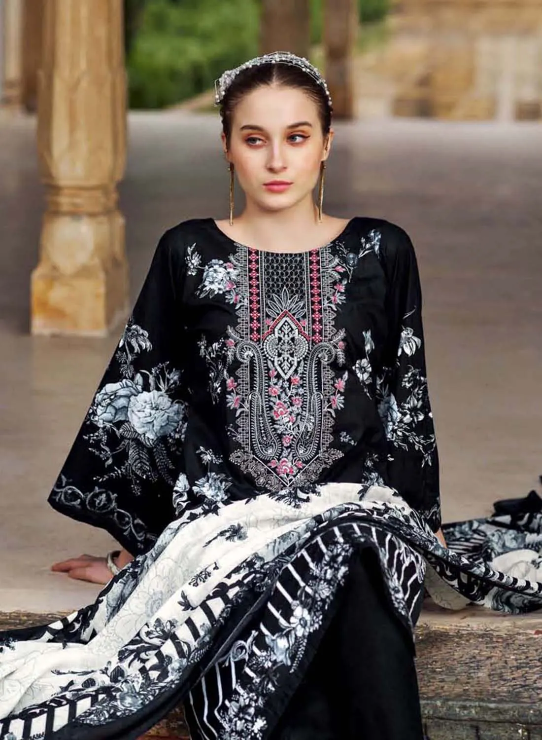 Black Pakistani Print Unstitched Cotton Suit Dress Material with Embroidery