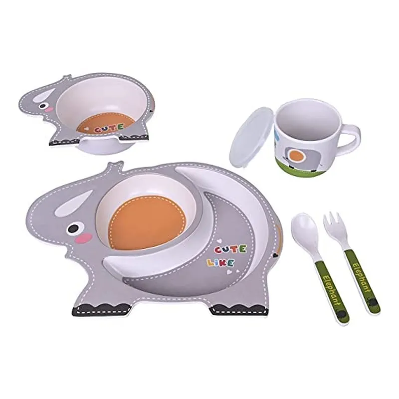 Cartoon Animal Elephant Bamboo Fiber Dinnerware Plate and Bowl Set for Kids Eco Friendly Non Toxic Self Feeding Baby Utensil Set of 5 Pcs - Multicolor