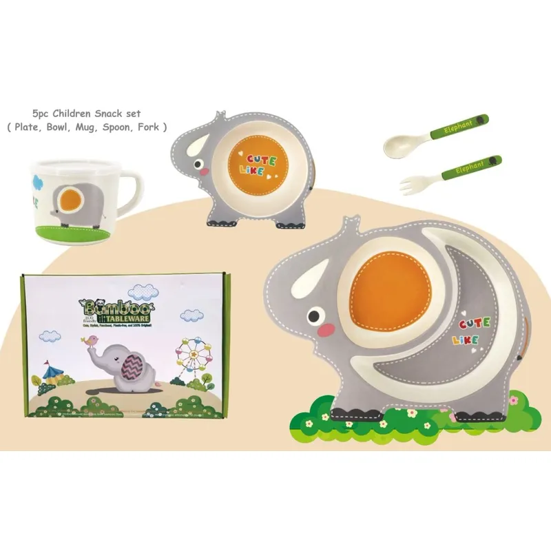 Cartoon Animal Elephant Bamboo Fiber Dinnerware Plate and Bowl Set for Kids Eco Friendly Non Toxic Self Feeding Baby Utensil Set of 5 Pcs - Multicolor