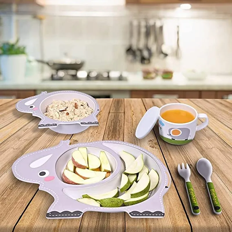 Cartoon Animal Elephant Bamboo Fiber Dinnerware Plate and Bowl Set for Kids Eco Friendly Non Toxic Self Feeding Baby Utensil Set of 5 Pcs - Multicolor