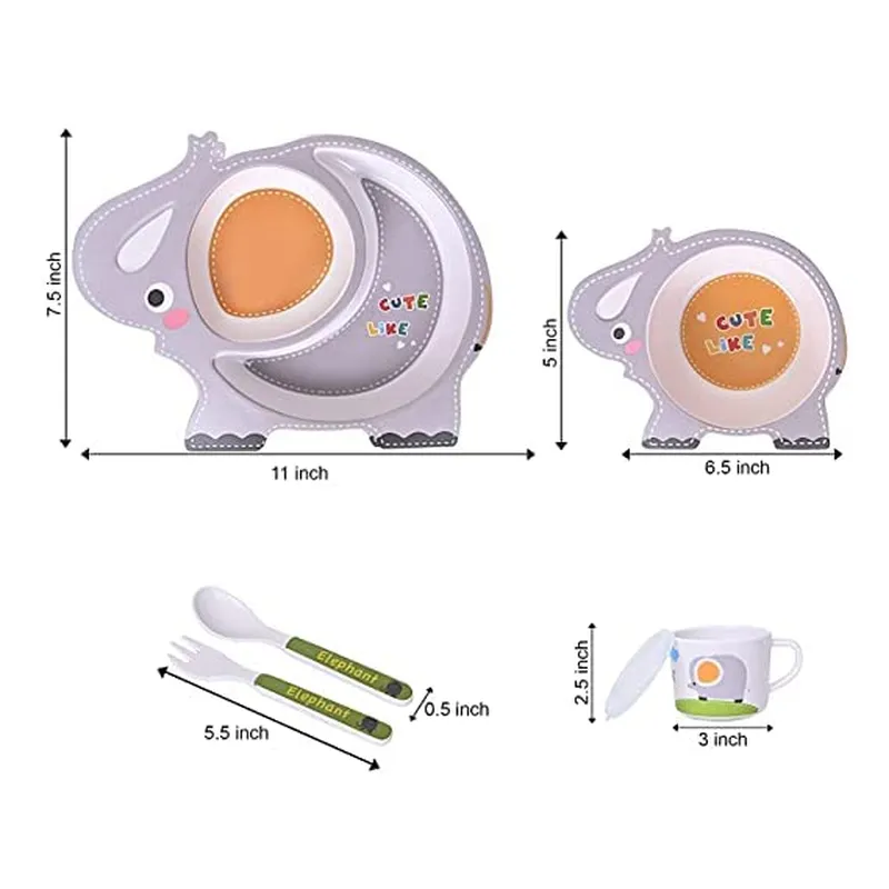 Cartoon Animal Elephant Bamboo Fiber Dinnerware Plate and Bowl Set for Kids Eco Friendly Non Toxic Self Feeding Baby Utensil Set of 5 Pcs - Multicolor