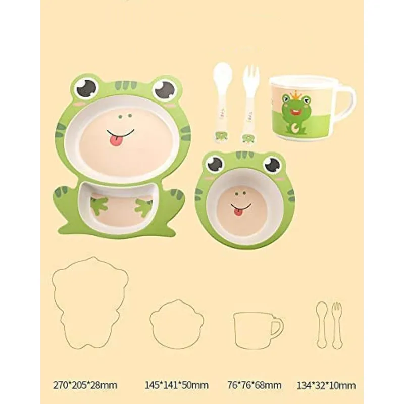 Cartoon Animal Frog Bamboo Fiber Dinnerware Plate and Bowl Set for Kids Eco Friendly Non Toxic Self Feeding Baby Utensil Set of 5 Pcs - Multicolor