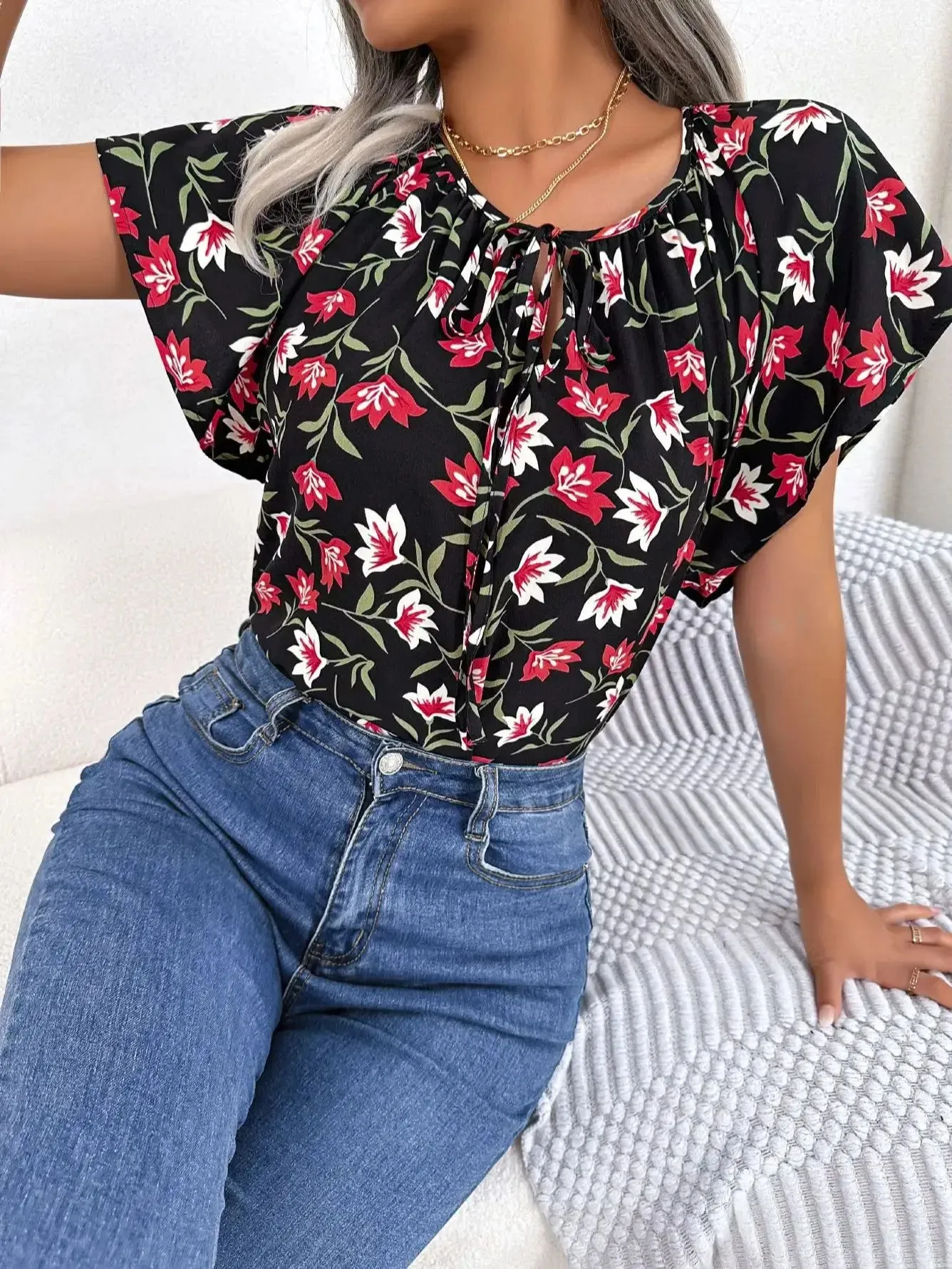 Crew Drawstring Casual Summer Short Floral Print Spring Neck Sleeve Blouse