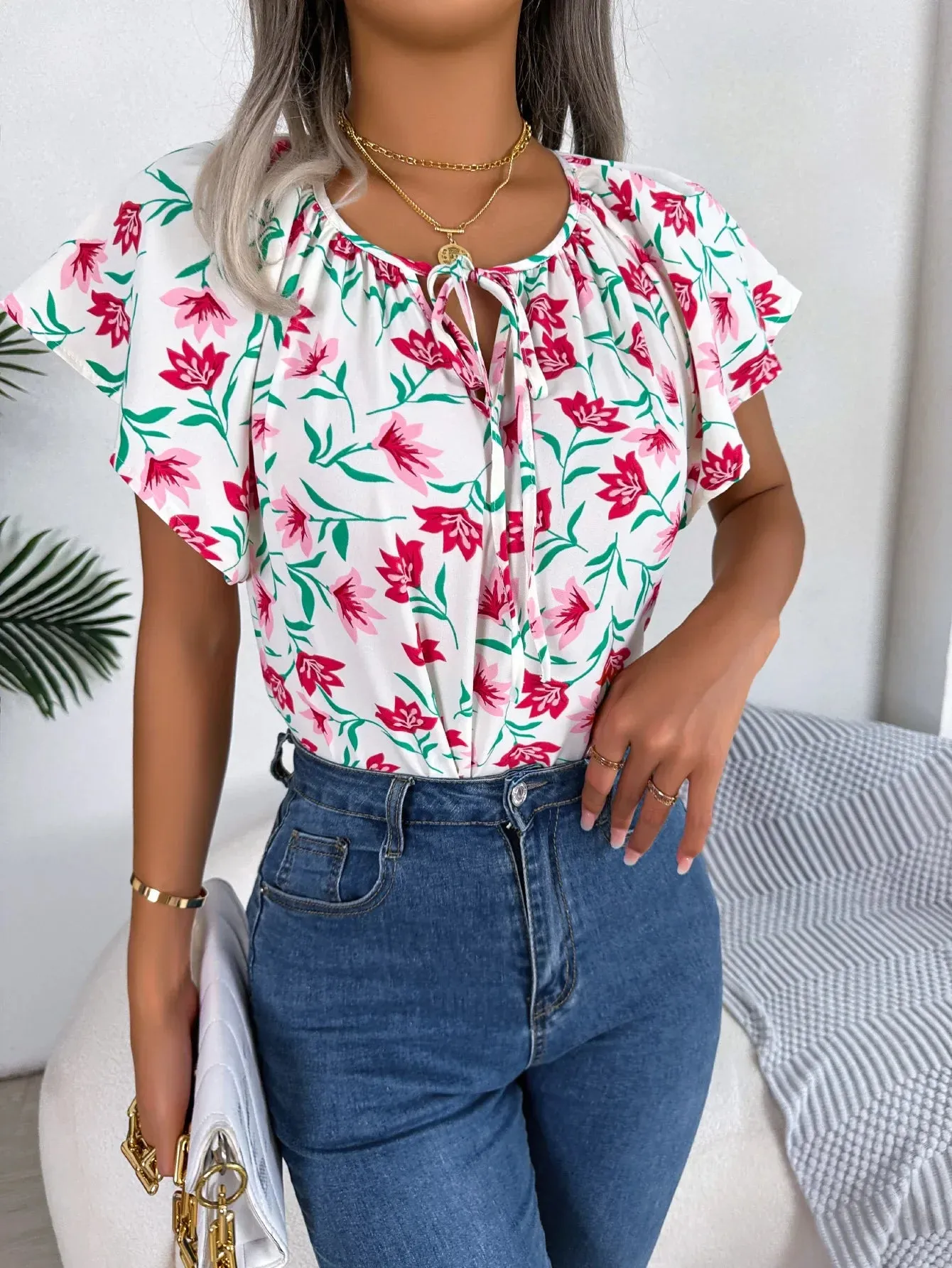 Crew Drawstring Casual Summer Short Floral Print Spring Neck Sleeve Blouse