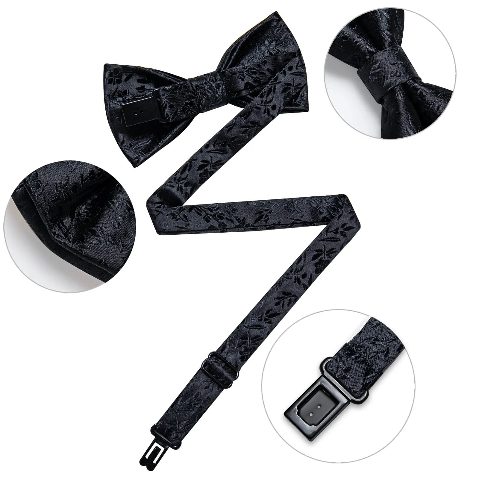 DiBanGu Kids Bow Tie Black Floral Silk Pre-Bow Tie Pocket Square Set