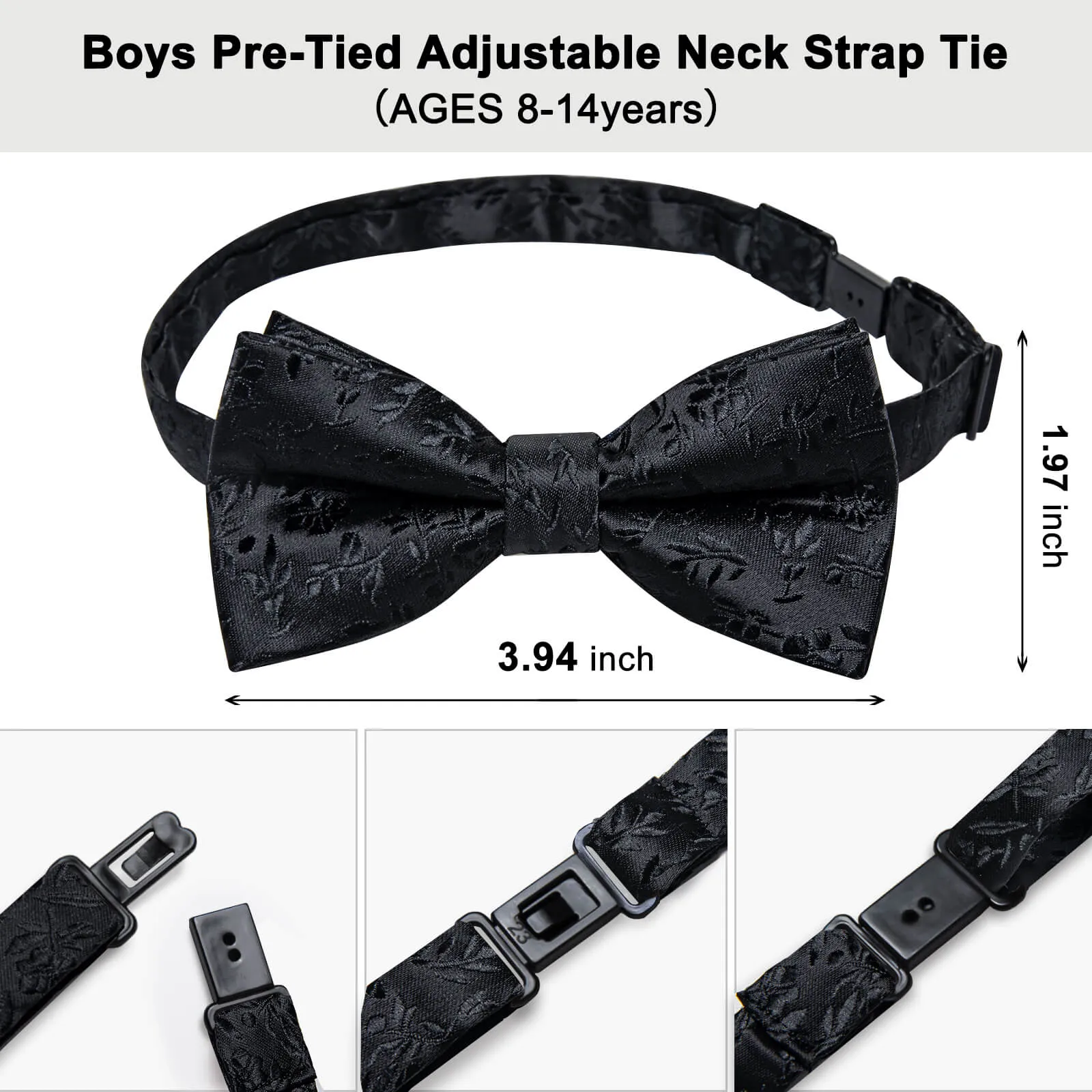 DiBanGu Kids Bow Tie Black Floral Silk Pre-Bow Tie Pocket Square Set