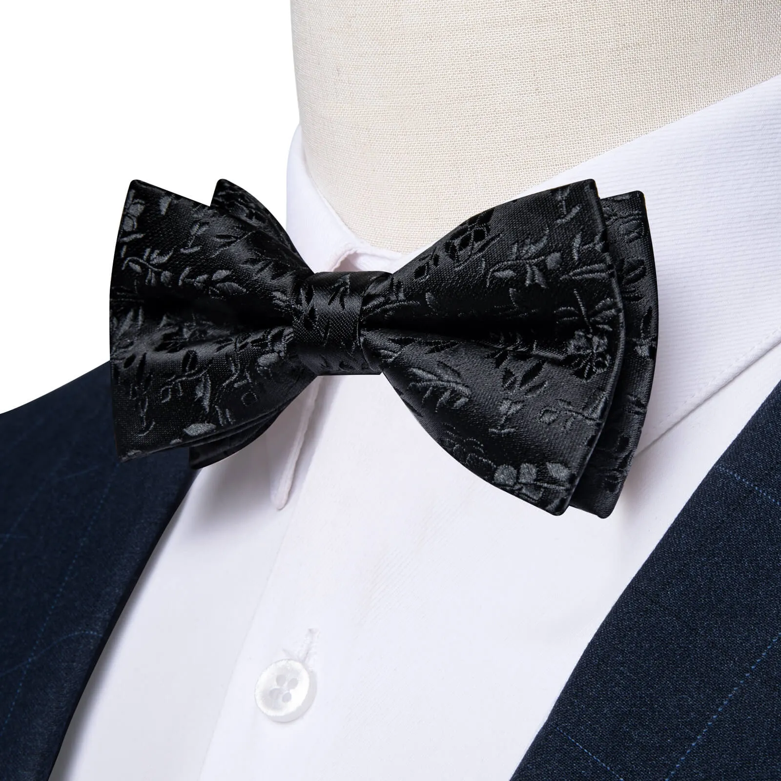 DiBanGu Kids Bow Tie Black Floral Silk Pre-Bow Tie Pocket Square Set