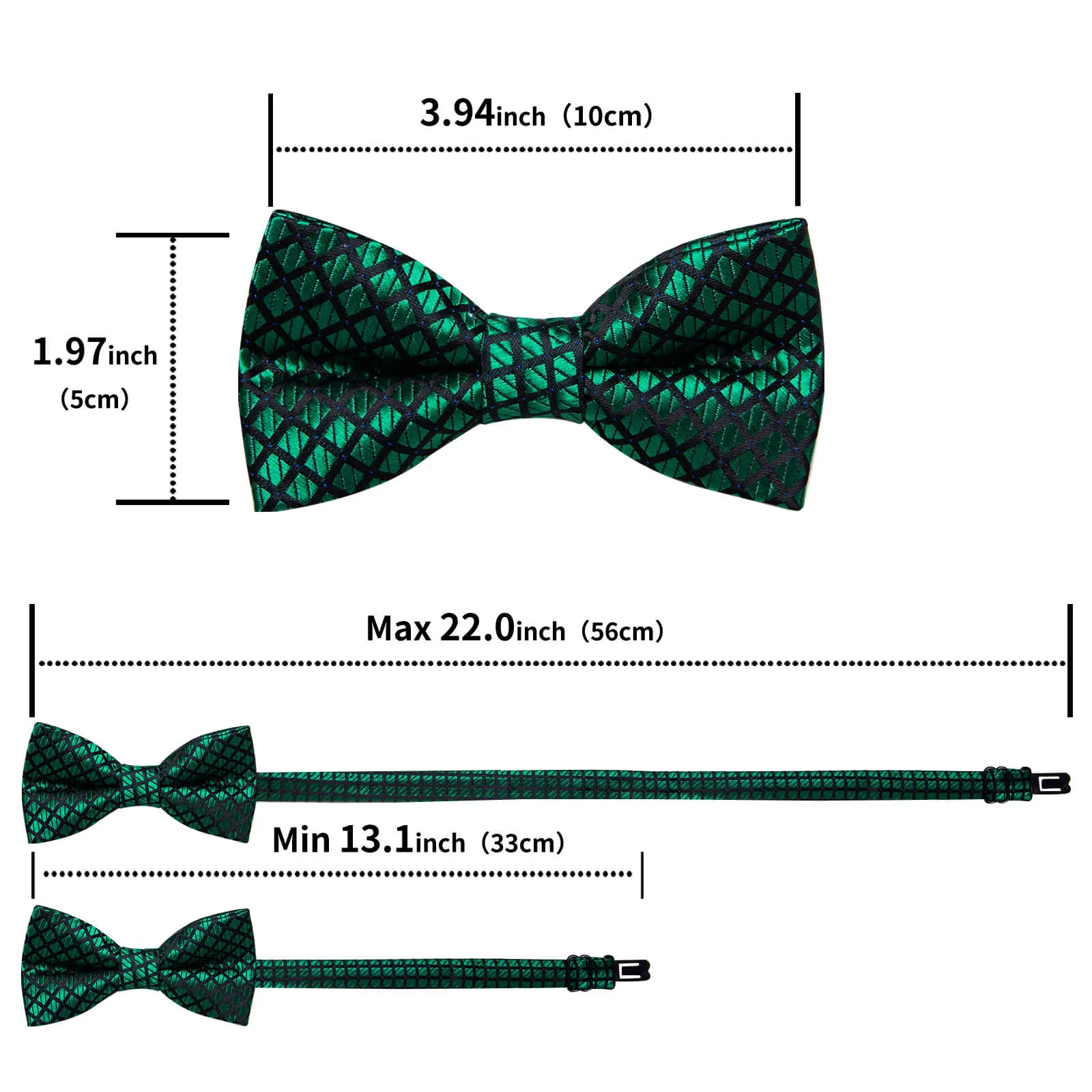 DiBanGu Kids Bow Tie Dark Green Black Plaid Silk Pre-Bow Tie Hanky Set