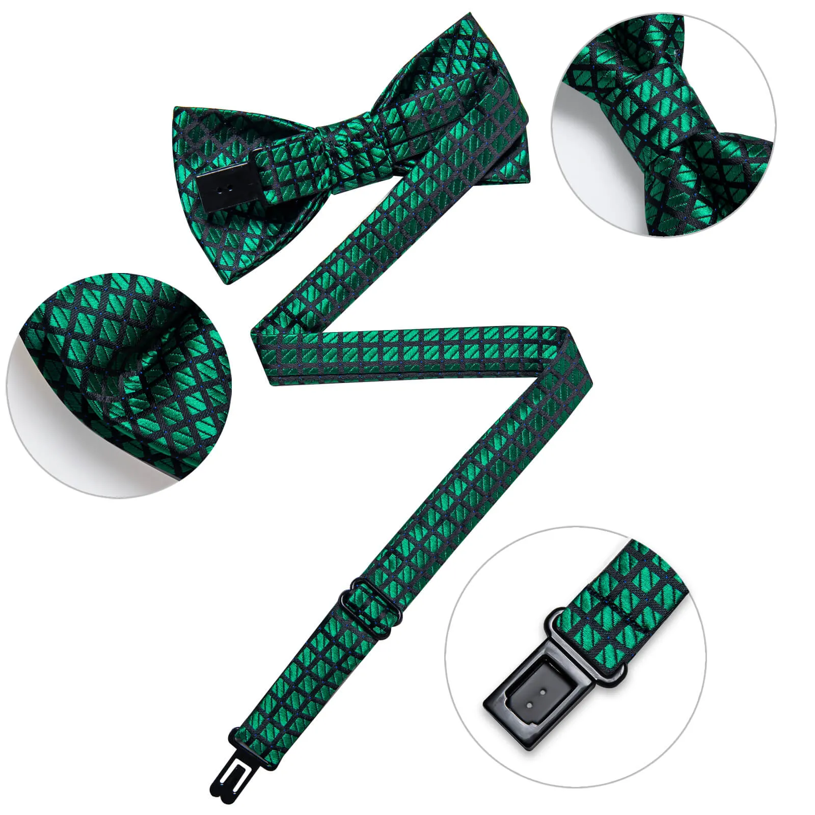 DiBanGu Kids Bow Tie Dark Green Black Plaid Silk Pre-Bow Tie Hanky Set