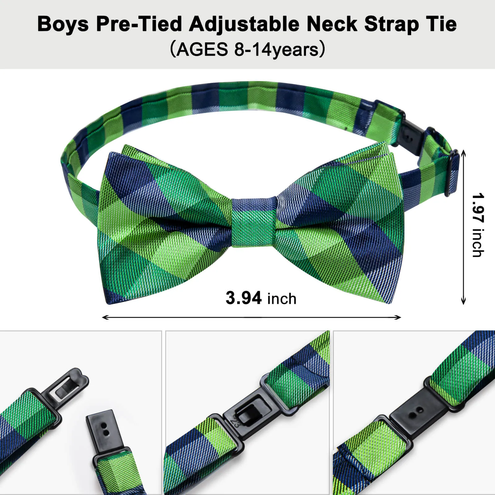 DiBanGu Kids Bow Tie Dark Green Blue Plaid Silk Pre-Bow Tie Hanky Set