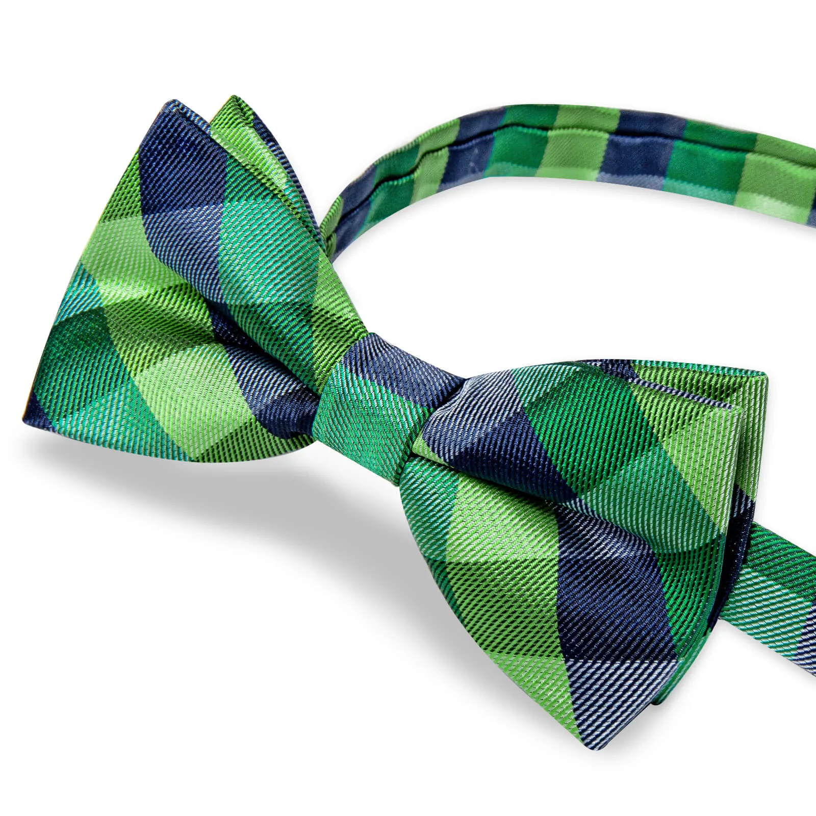 DiBanGu Kids Bow Tie Dark Green Blue Plaid Silk Pre-Bow Tie Hanky Set