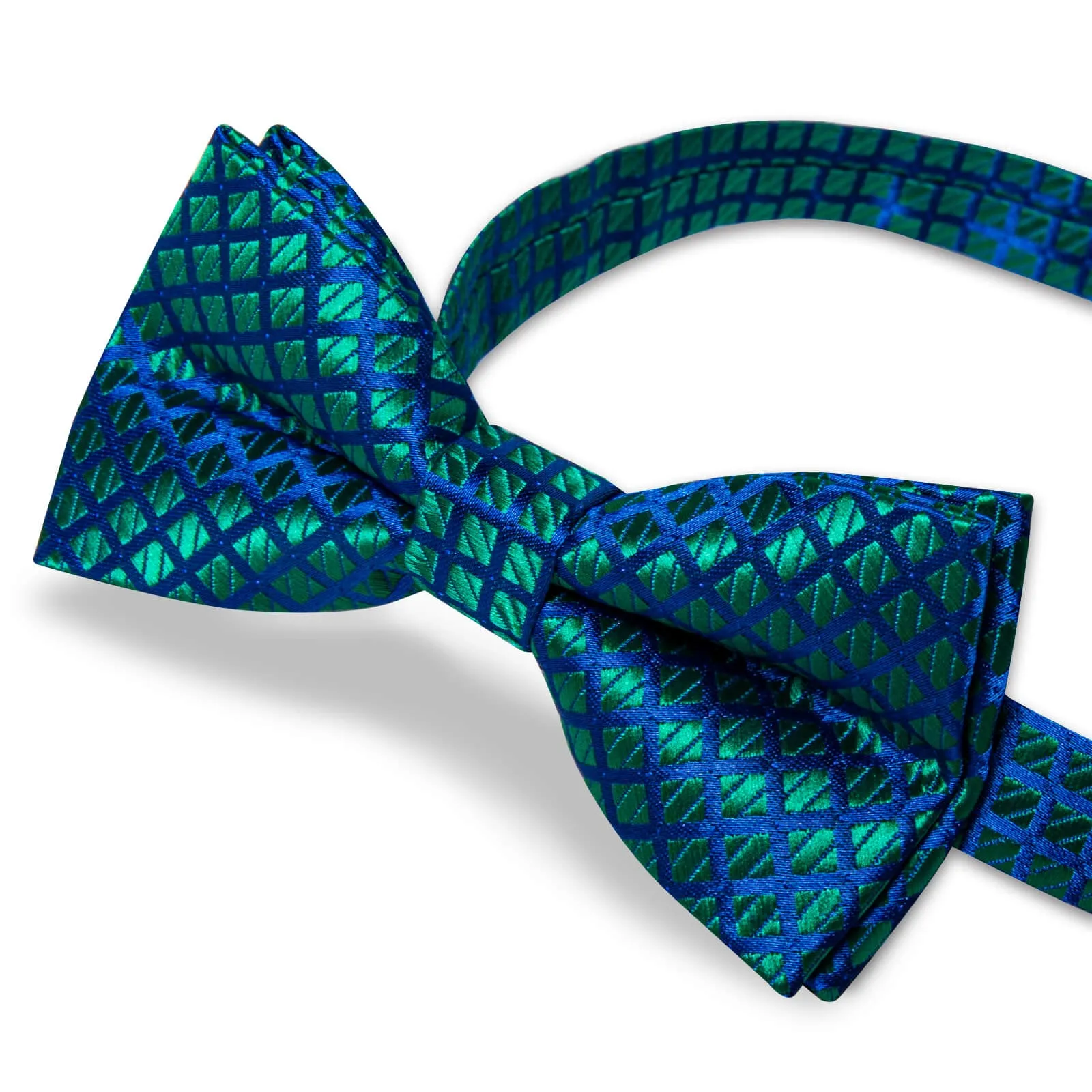 DiBanGu Kids Bow Tie Green Blue Woven Plaid Silk Pre-Bow Tie Hanky Set