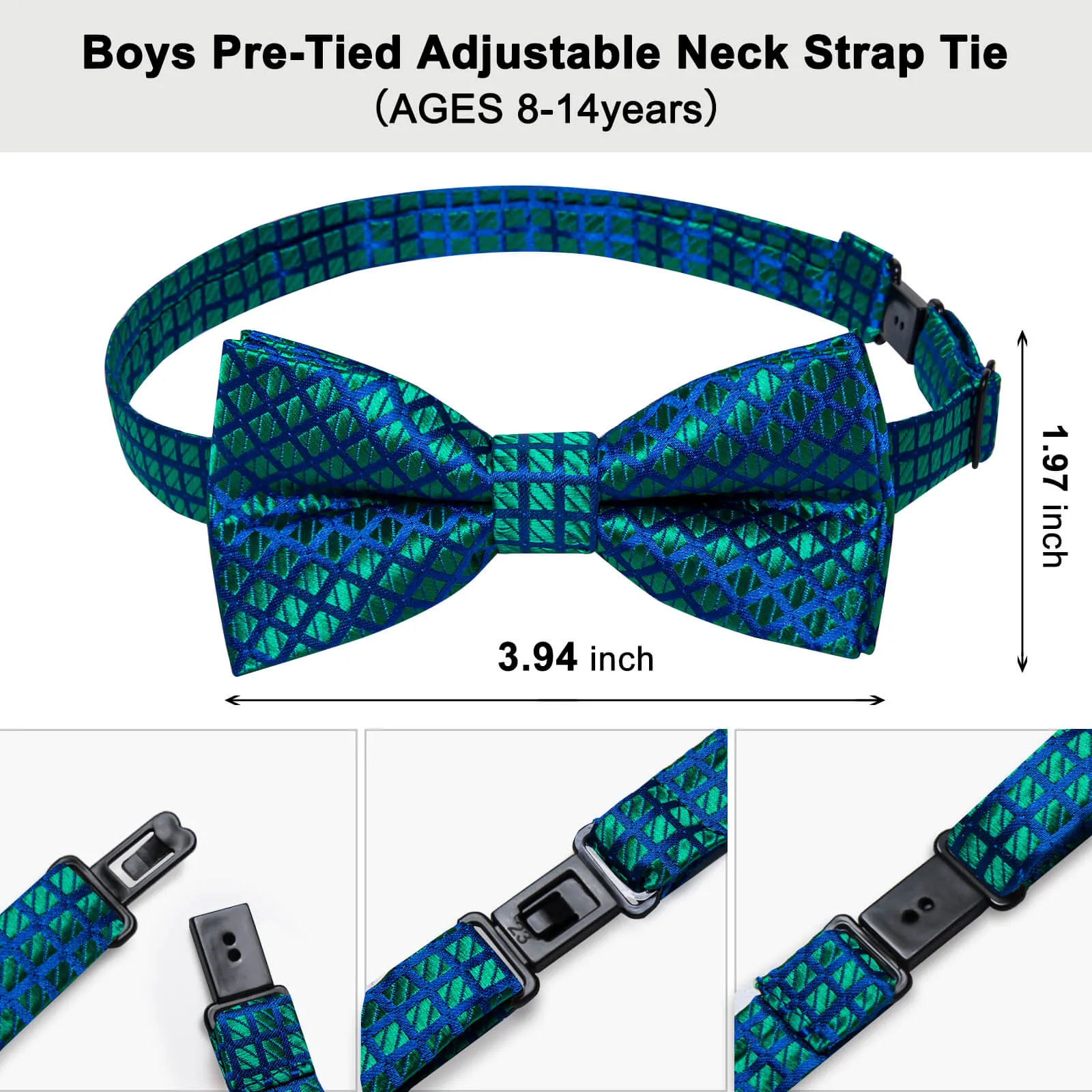 DiBanGu Kids Bow Tie Green Blue Woven Plaid Silk Pre-Bow Tie Hanky Set