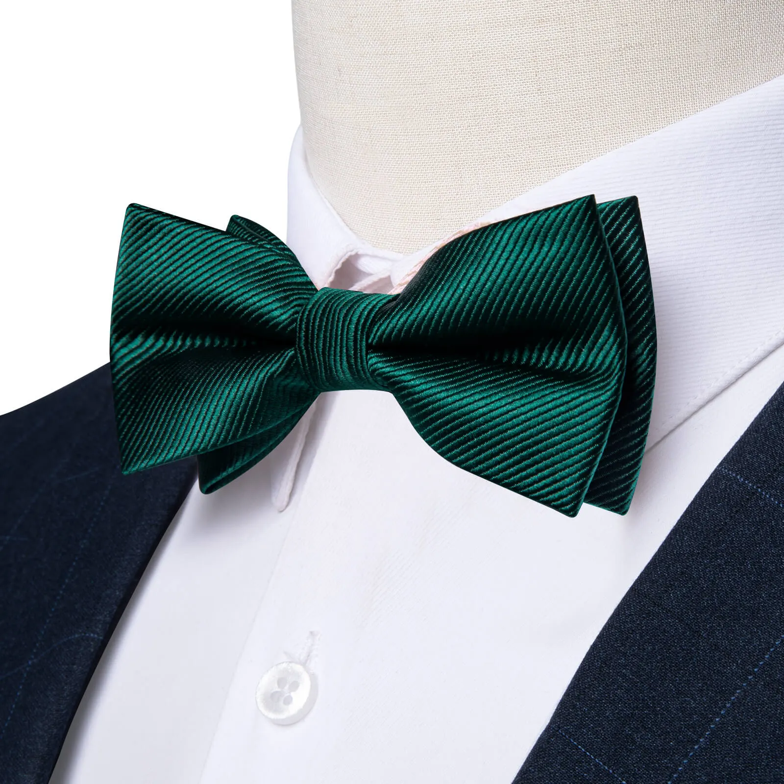 DiBanGu Kids Bow Tie Sapphire Pine Green Striped Silk Pre-Bow Tie Hanky Set