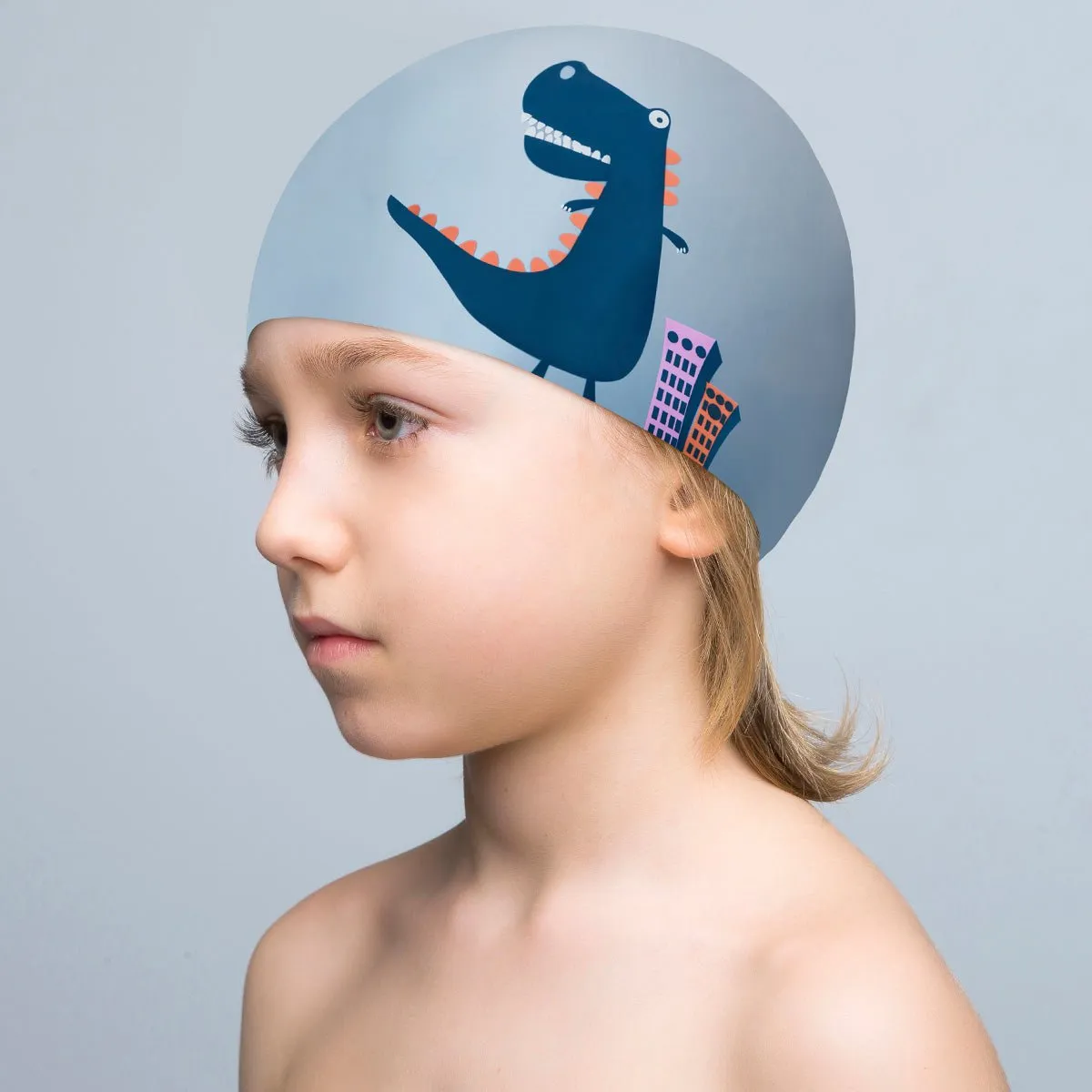 Dinosaur Party Kids Blue Swimming Cap