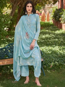 Embroidered Blue Cotton Un-Stitched Salwar Suit Set