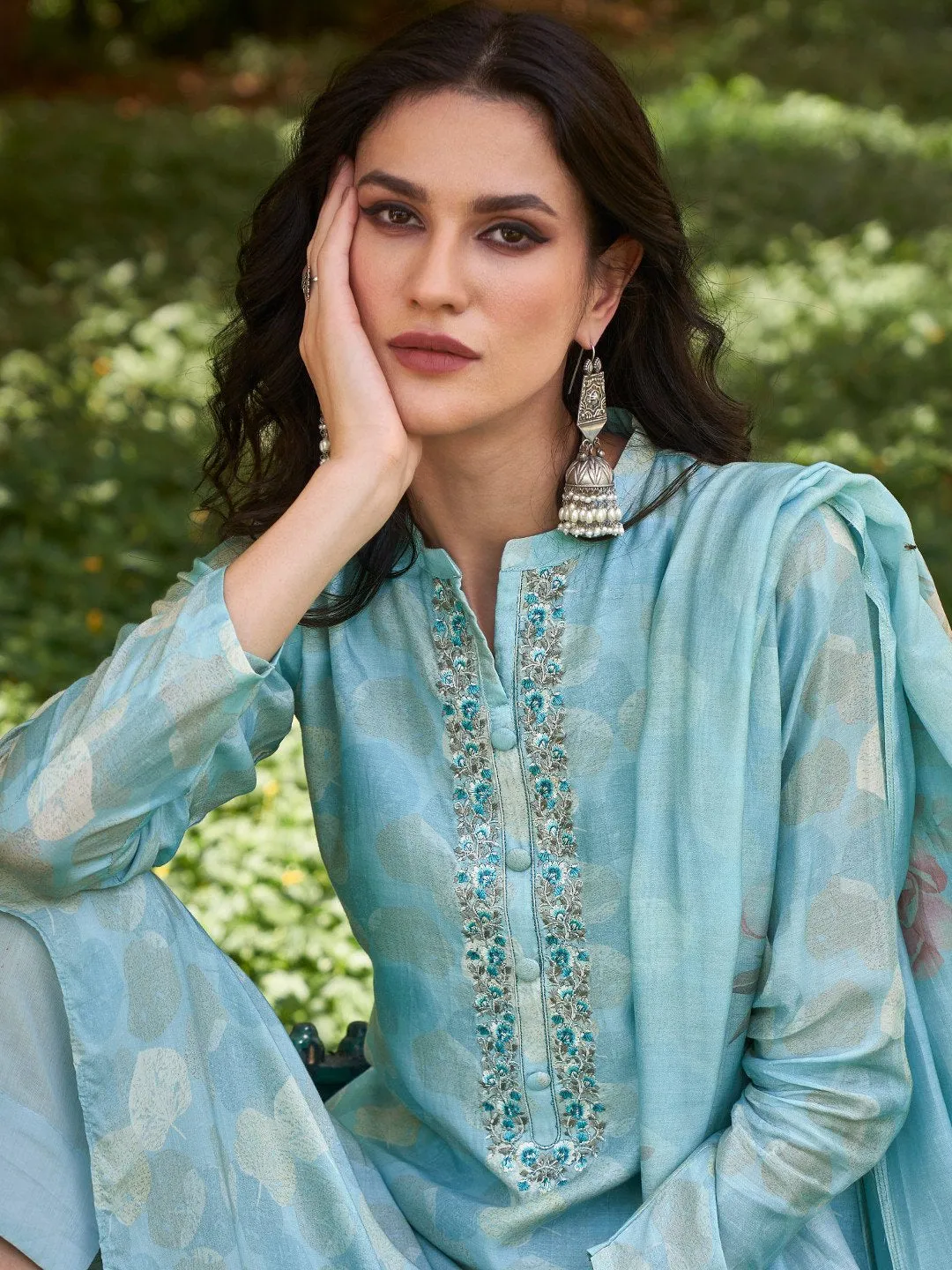 Embroidered Blue Cotton Un-Stitched Salwar Suit Set