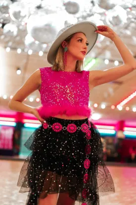 Feather or Not Sequin Crop with Feather Trim, Hot Pink