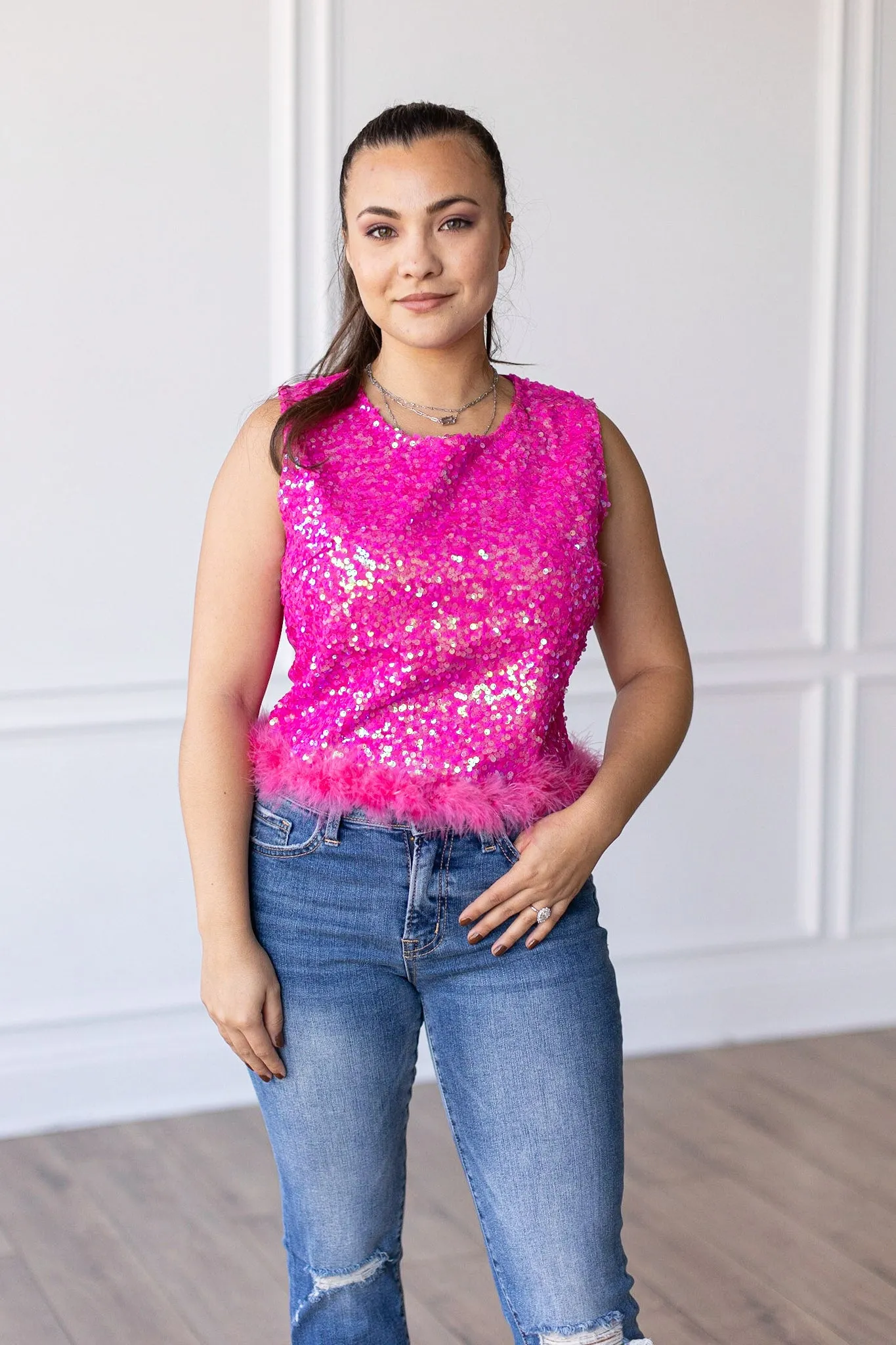 Feather or Not Sequin Crop with Feather Trim, Hot Pink