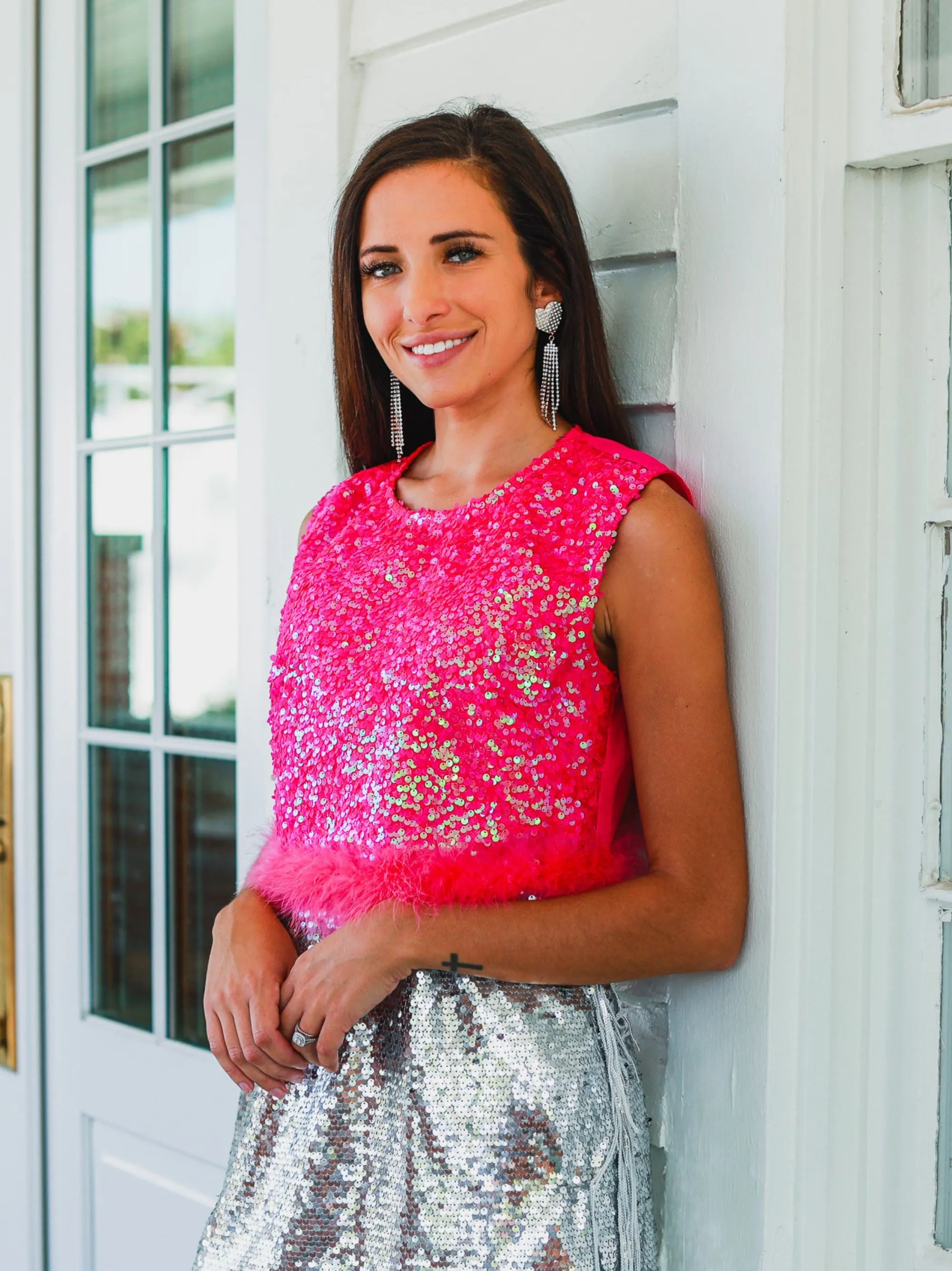 Feather or Not Sequin Crop with Feather Trim, Hot Pink