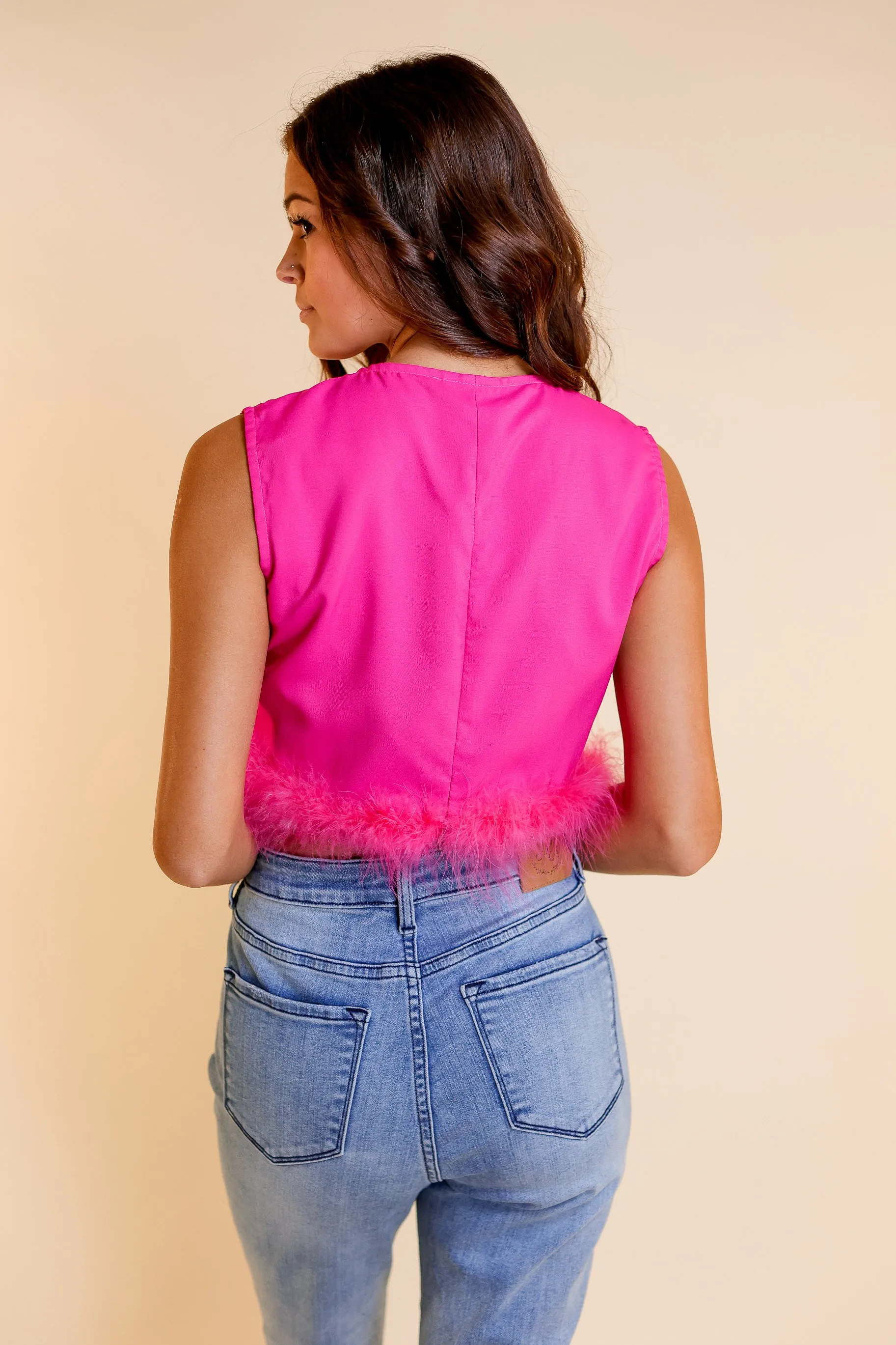 Feather or Not Sequin Crop with Feather Trim, Hot Pink