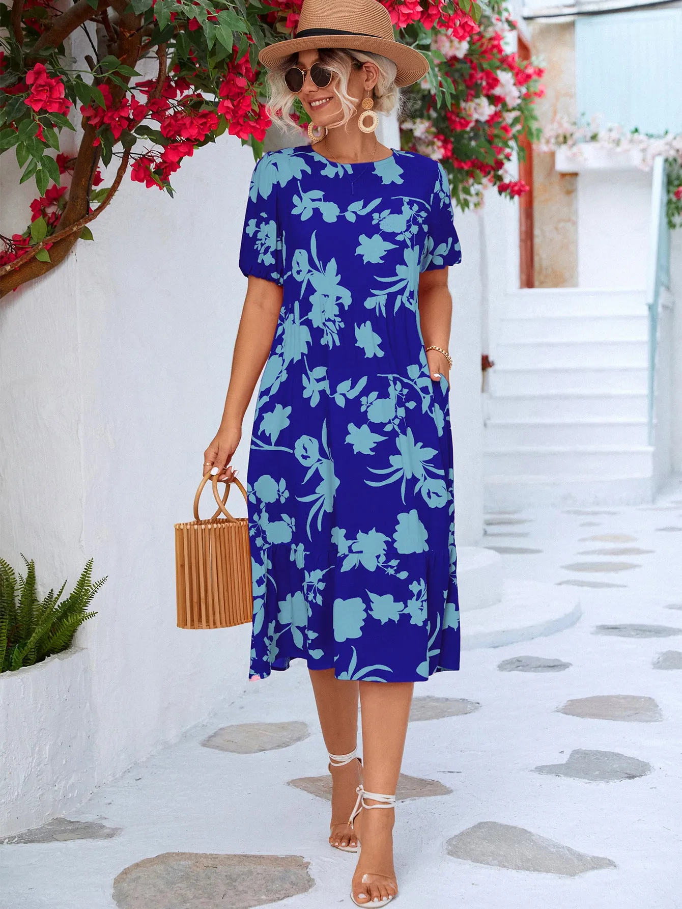 Floral Puff Sleeve Ruffle Hem Midi Dress