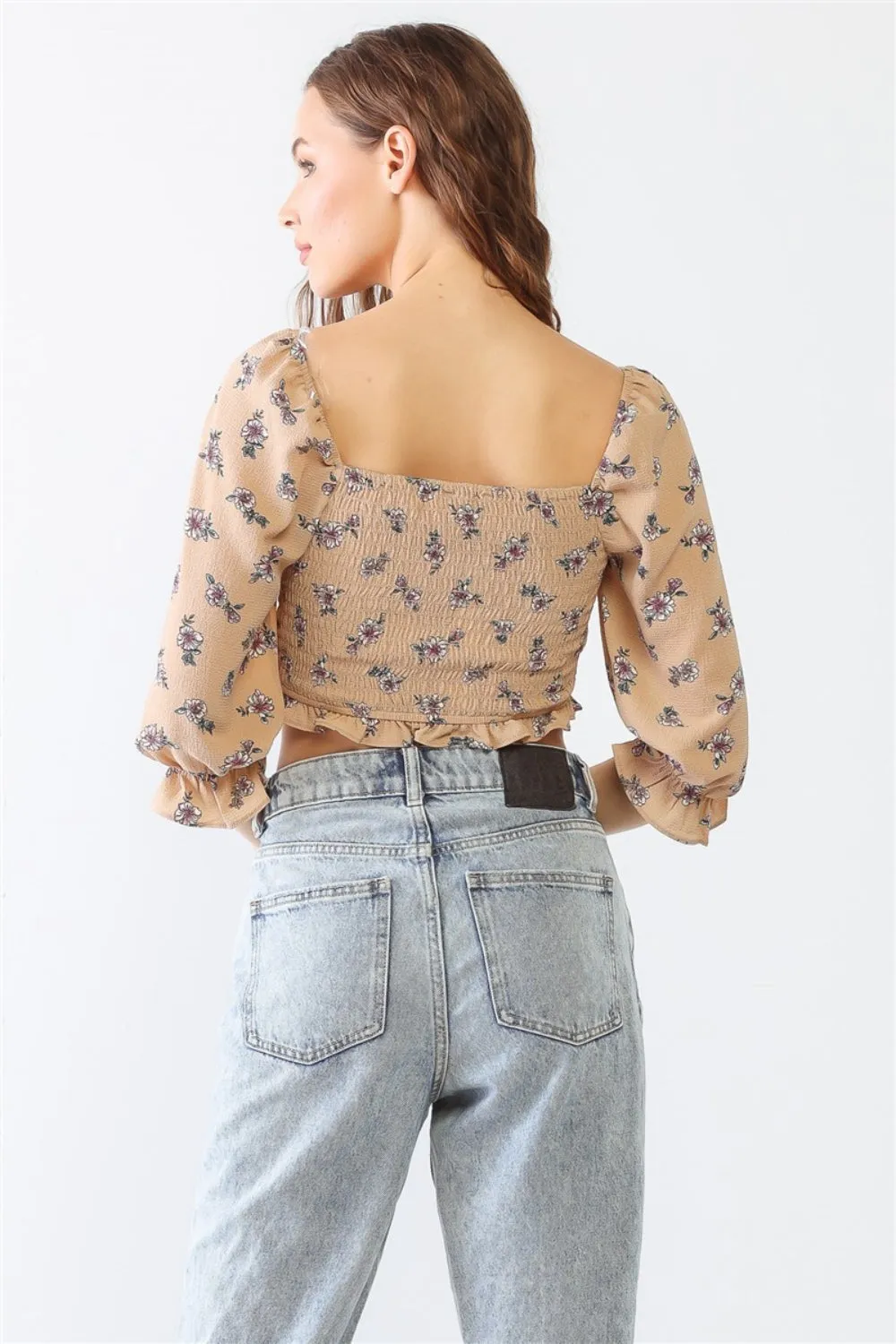 Floral Ruffle Smocked Back Ruched Crop Top