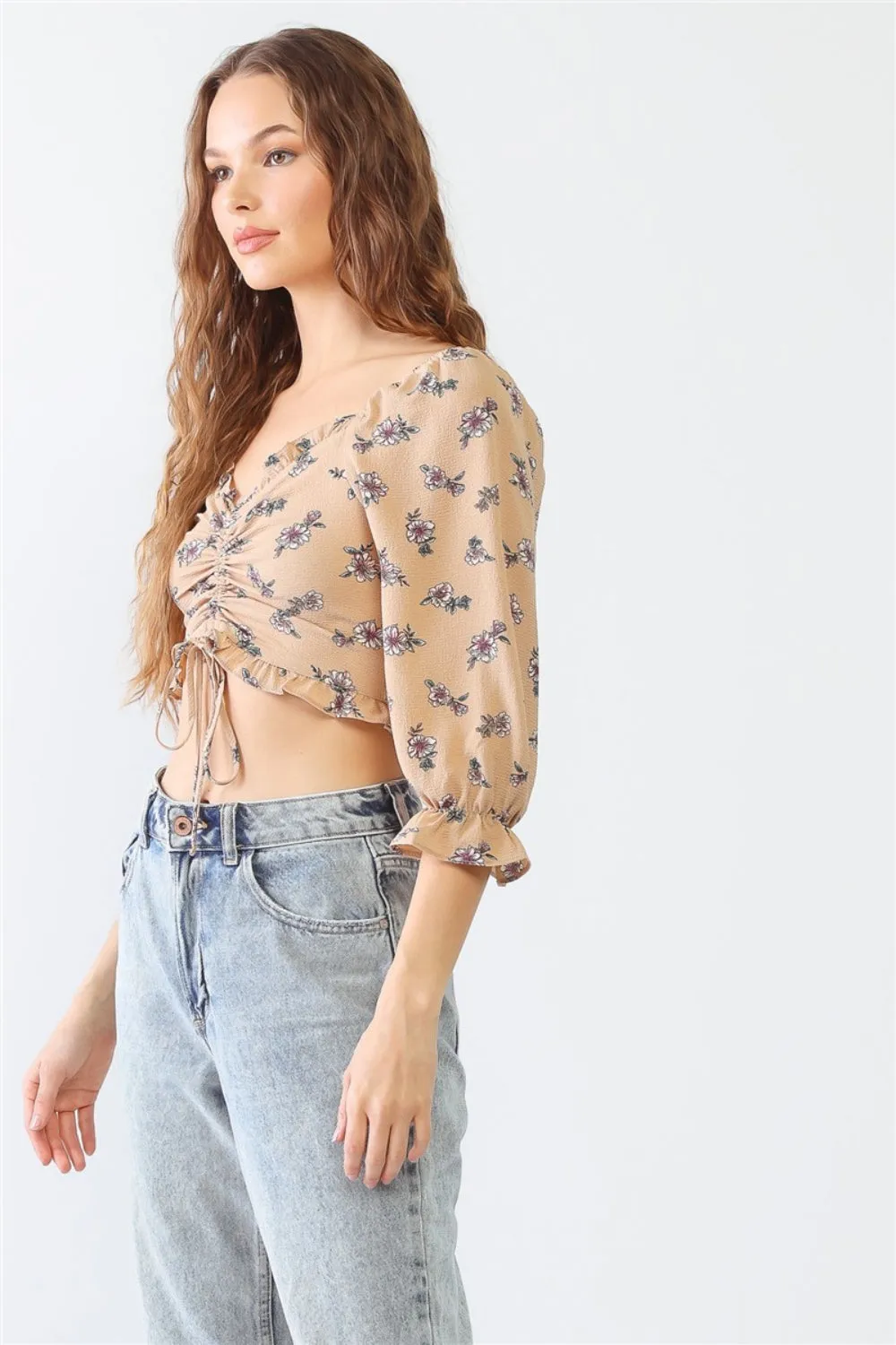 Floral Ruffle Smocked Back Ruched Crop Top