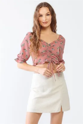 Floral Ruffle Smocked Back Ruched Crop Top