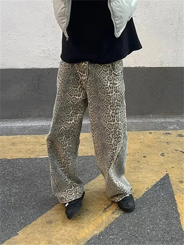 Girlary Baggy Wide Leg Jeans Women High Waisted Retro Leopard Print Straight Jeans High Street Streetwear Vintage Y2k Denim Trousers